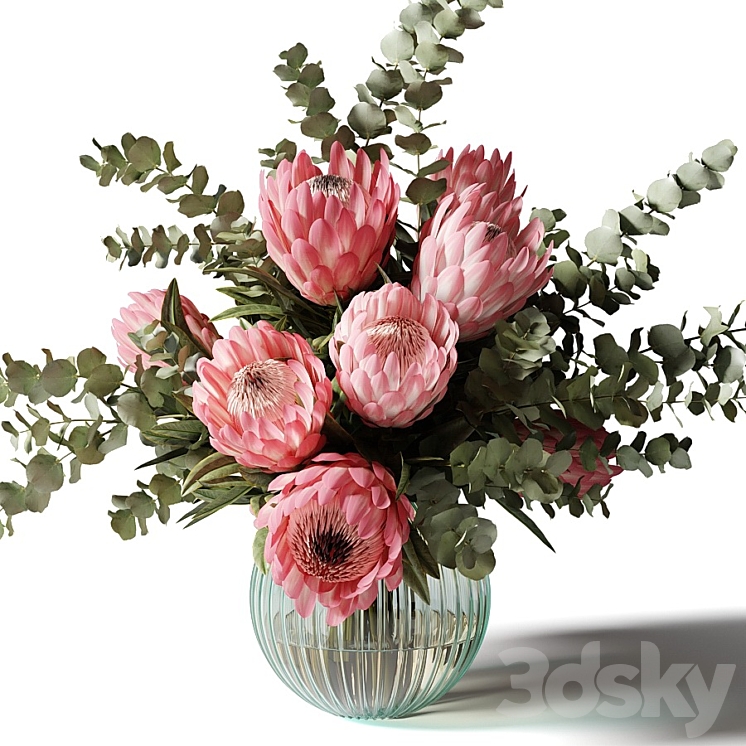 Bouquet with pink proteas and eucalyptus in a ribbed glass vase 3DS Max - thumbnail 1