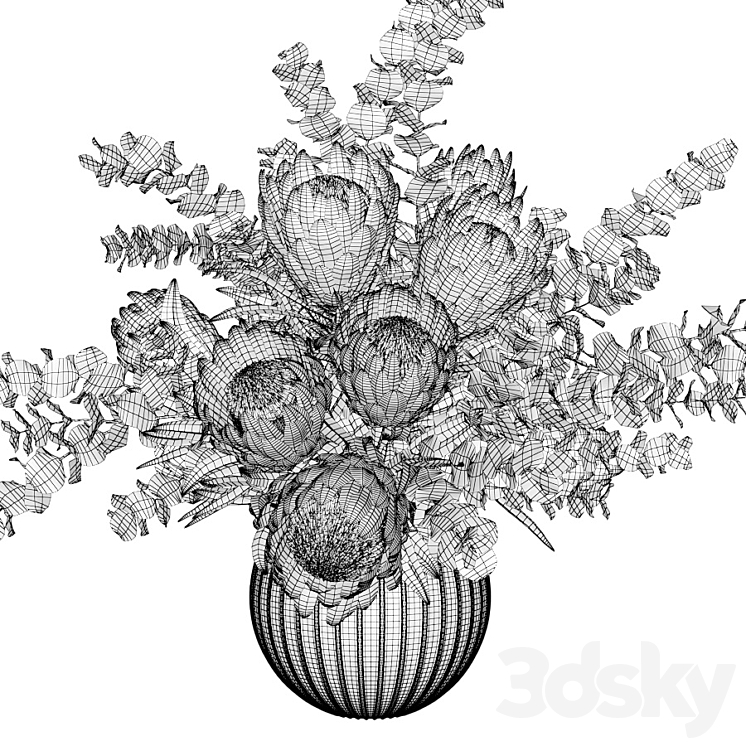 Bouquet with pink proteas and eucalyptus in a ribbed glass vase 3DS Max - thumbnail 2