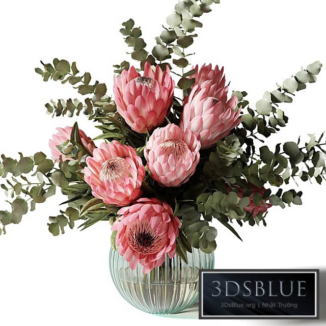 Bouquet with pink proteas and eucalyptus in a ribbed glass vase 3DS Max - thumbnail 3