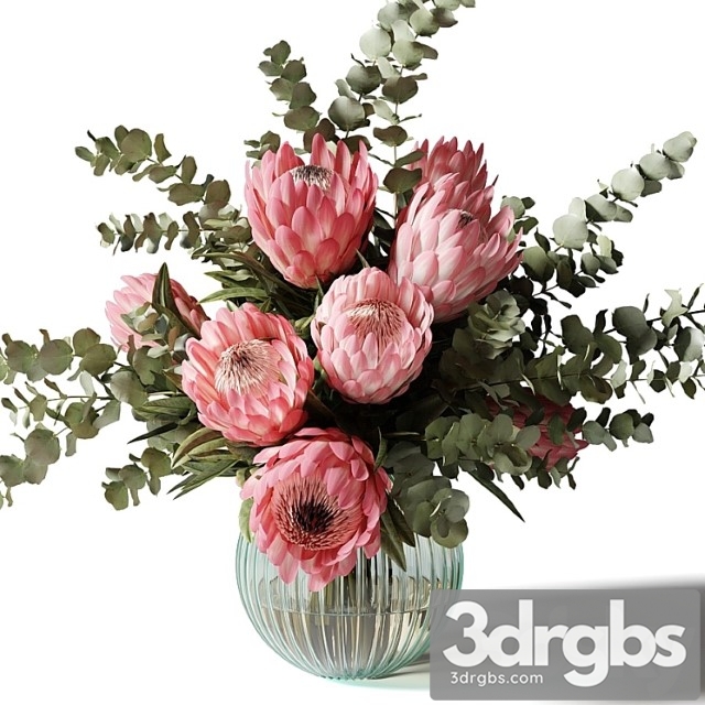 Bouquet with pink proteas and eucalyptus in a ribbed glass vase - thumbnail 1