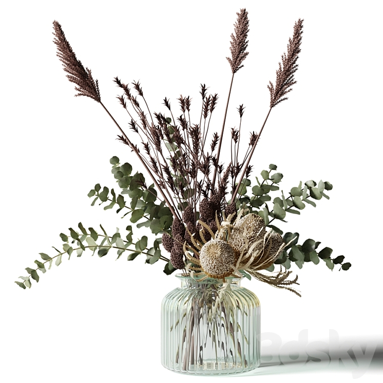 Bouquet with tall grass eucalyptus and bankxias in a ribbed glass vase 3DS Max Model - thumbnail 1