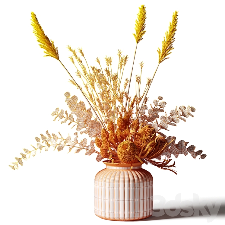 Bouquet with tall grass eucalyptus and bankxias in a ribbed glass vase 3DS Max Model - thumbnail 2
