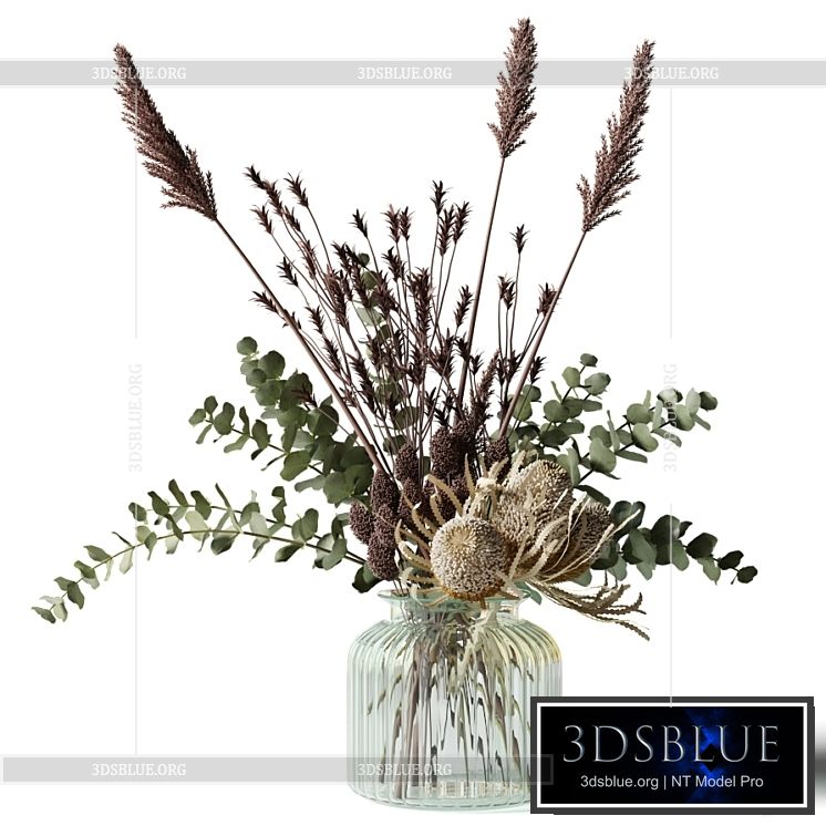 Bouquet with tall grass eucalyptus and bankxias in a ribbed glass vase 3DS Max - thumbnail 3