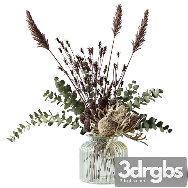 Bouquet with tall grass, eucalyptus and bankxias in a ribbed glass vase - thumbnail 1