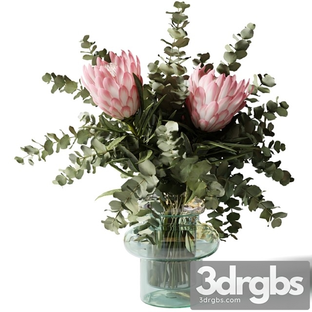 Bouquet with three pink proteas and eucalyptus in a glass vase - thumbnail 1