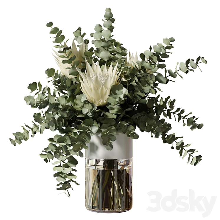 Bouquet with three white proteas and eucalyptus branches in a glass vase 3DS Max - thumbnail 1