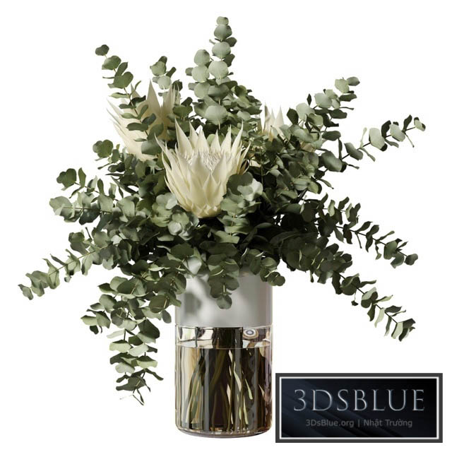 Bouquet with three white proteas and eucalyptus branches in a glass vase 3DS Max - thumbnail 3