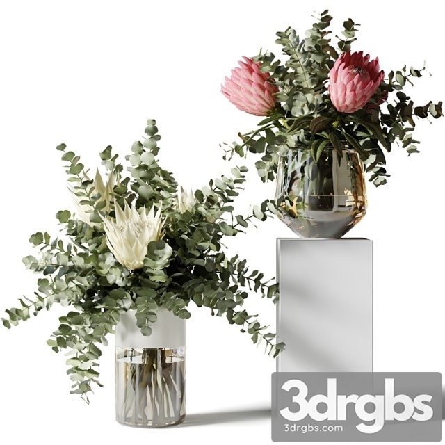 Bouquet with three white proteas and eucalyptus branches in a glass vase - thumbnail 1