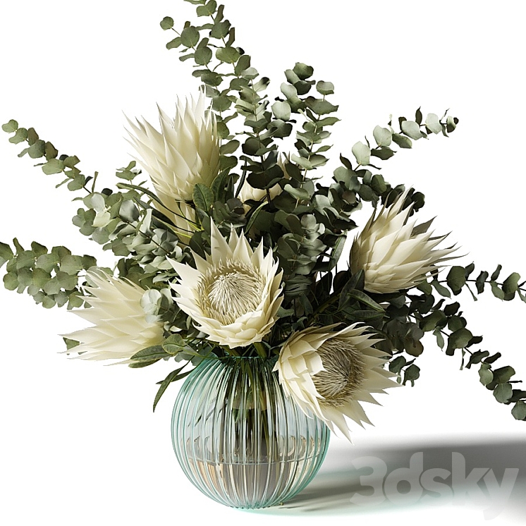 Bouquet with white proteas and eucalyptus in a ribbed glass vase 3DS Max Model - thumbnail 1