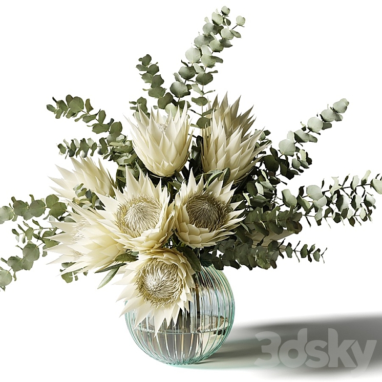 Bouquet with white proteas and eucalyptus in a ribbed glass vase 3DS Max Model - thumbnail 2