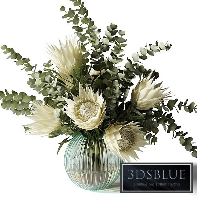 Bouquet with white proteas and eucalyptus in a ribbed glass vase 3DS Max - thumbnail 3