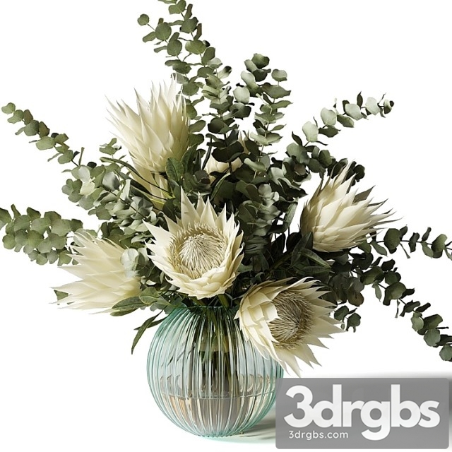 Bouquet with white proteas and eucalyptus in a ribbed glass vase - thumbnail 1