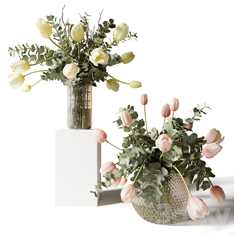 Bouquets of eucalyptus and tulips in glass vases 3DS Max Model - thumbnail 1