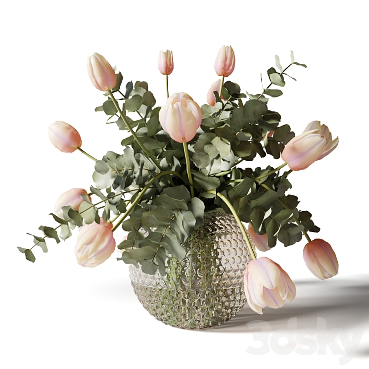 Bouquets of eucalyptus and tulips in glass vases 3DS Max Model - thumbnail 2