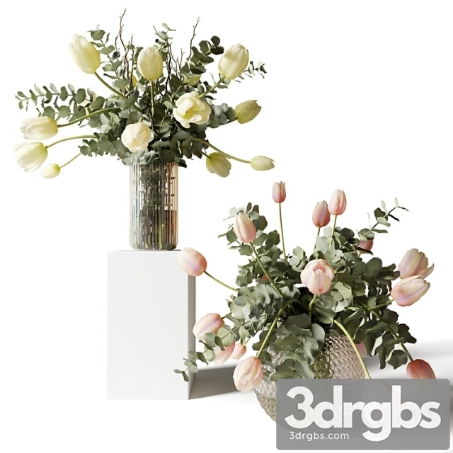 Bouquets of eucalyptus and tulips in glass vases - thumbnail 1