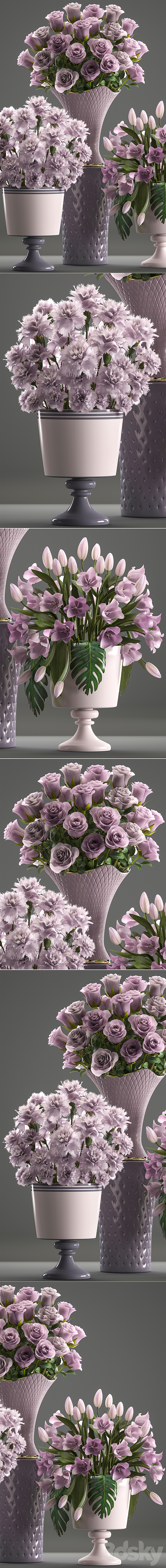 Bouquets set 59. flower bouquet tulip rose vase carnation decor 3DS Max Model - thumbnail 2