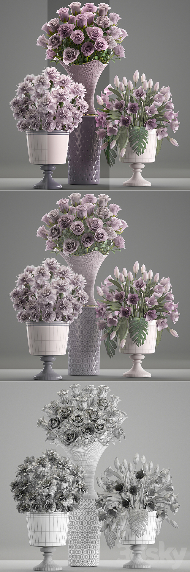 Bouquets set 59. flower bouquet tulip rose vase carnation decor 3DS Max Model - thumbnail 3