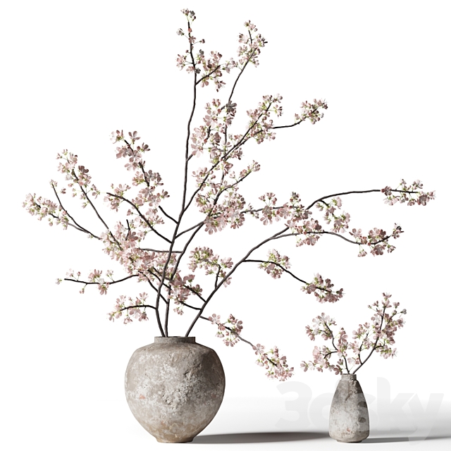 Branch with flowers in a clay vase 3ds Max - thumbnail 1