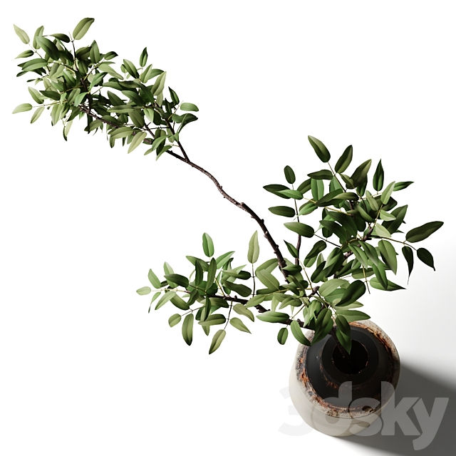 Branch with green leaves in an old metal vase 3ds Max - thumbnail 3