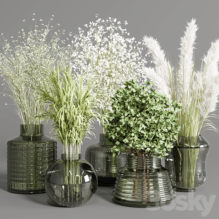 collection Plants Bouquet Indoor glass vase 3DS Max Model - thumbnail 1