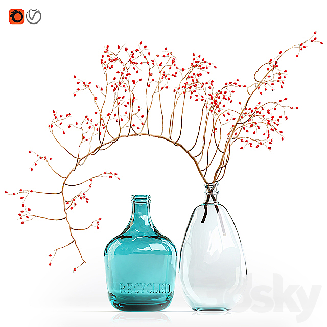 Decorative branch with red berries in a glass vase 3ds Max - thumbnail 1