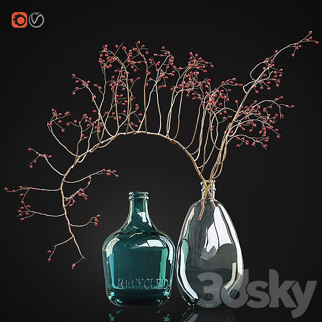 Decorative branch with red berries in a glass vase 3ds Max - thumbnail 2