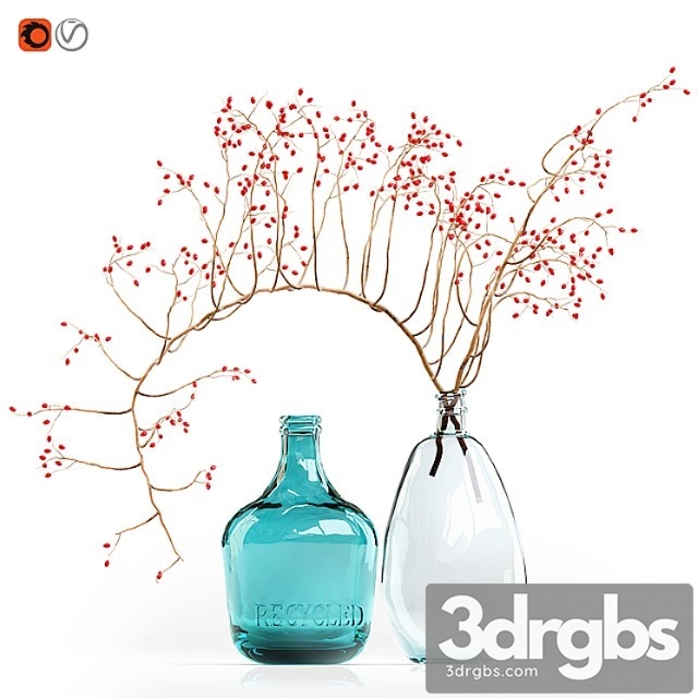 Decorative Branch With Red Berries In A Glass Vase 3dsmax Download - thumbnail 1