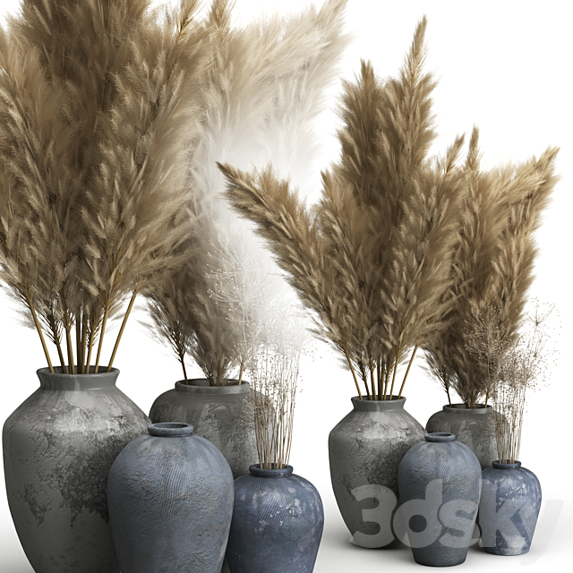 Decorative set of Clay Vases and Pampas Grass 3DS Max Model - thumbnail 2