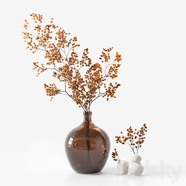 Dried flower branch in a large brown jar 3DS Max Model - thumbnail 1