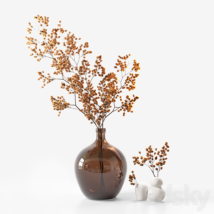 Dried flower branch in a large brown jar 3DS Max - thumbnail 1