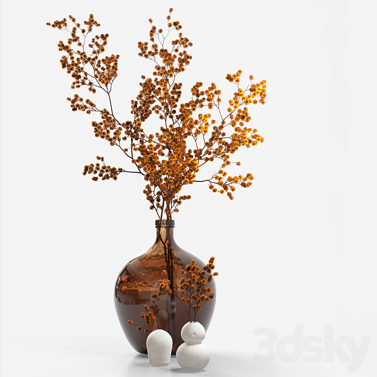 Dried flower branch in a large brown jar 3DS Max - thumbnail 2