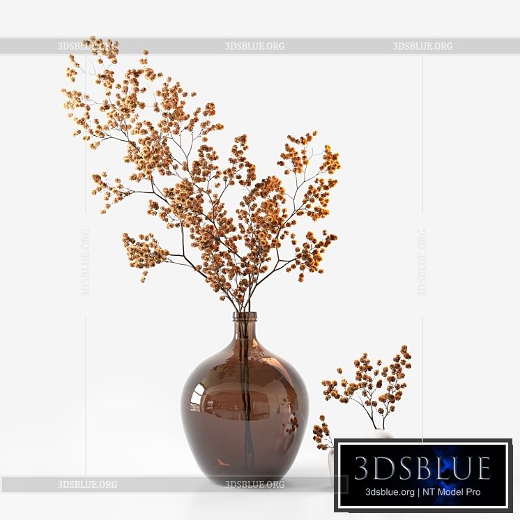 Dried flower branch in a large brown jar 3DS Max - thumbnail 3