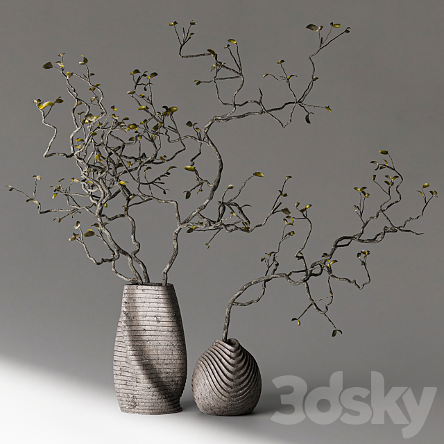 Dry branches with leaves in decorative vases 3DS Max Model - thumbnail 2