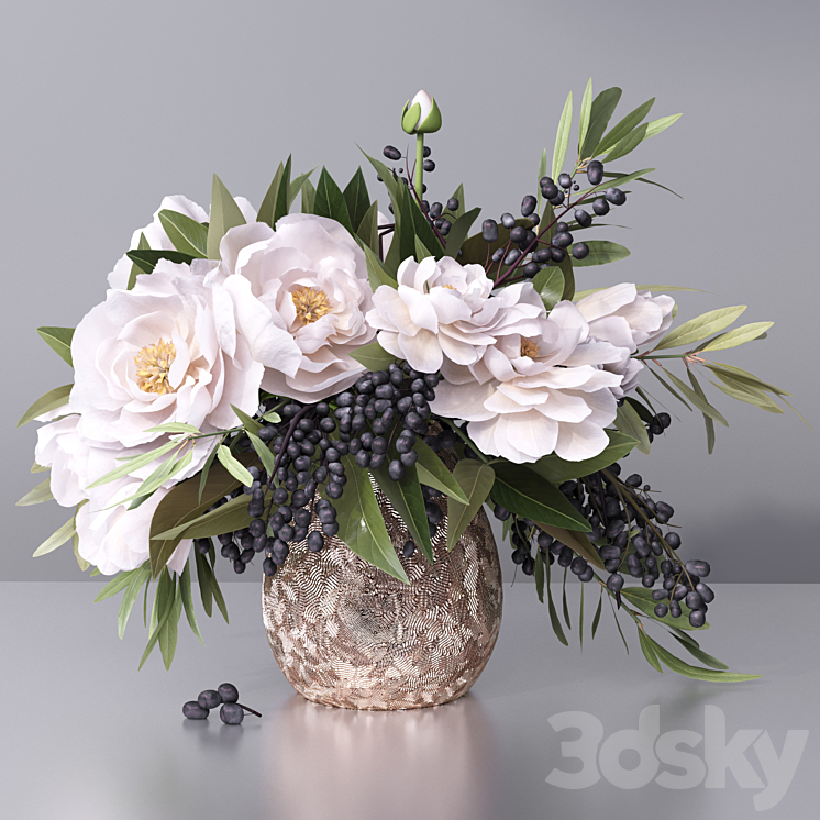 Flower Arrangement- peony grape leaf twig vase 3DS Max - thumbnail 1