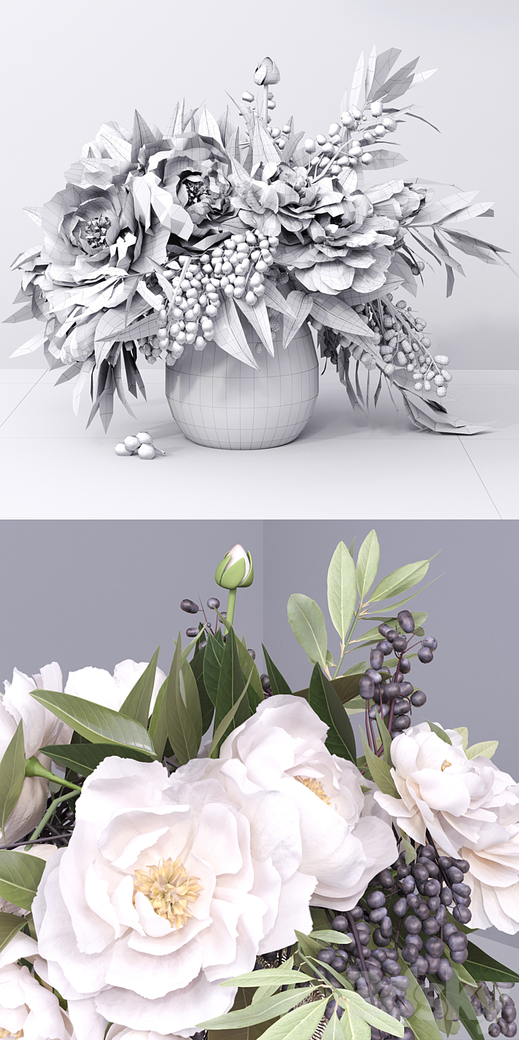 Flower Arrangement- peony grape leaf twig vase 3DS Max - thumbnail 2