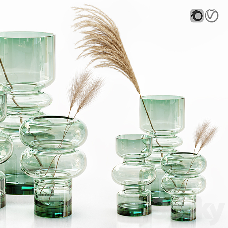 H&M glass vases with dried flower pampas grass 3DS Max - thumbnail 1