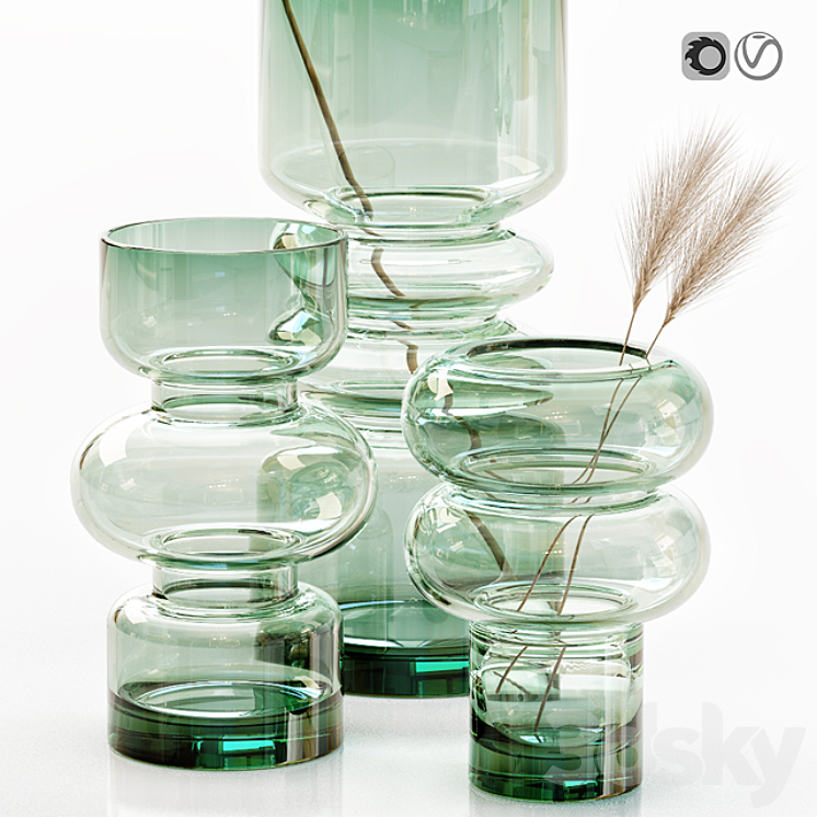 H&M glass vases with dried flower pampas grass 3DS Max - thumbnail 2