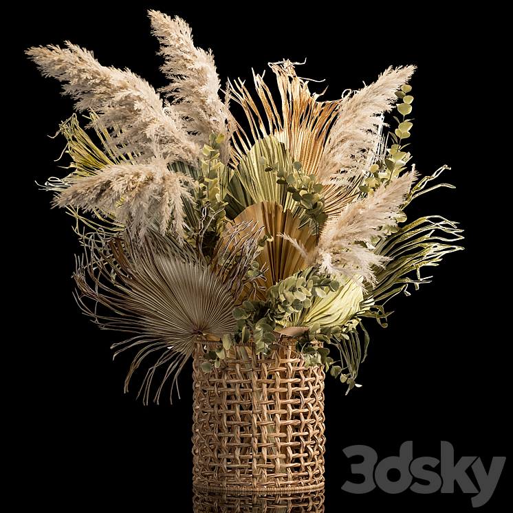 Installation bouquet pampas grass in a wicker basket of twigs dry leaves dried flower. 239. 3DS Max Model - thumbnail 1