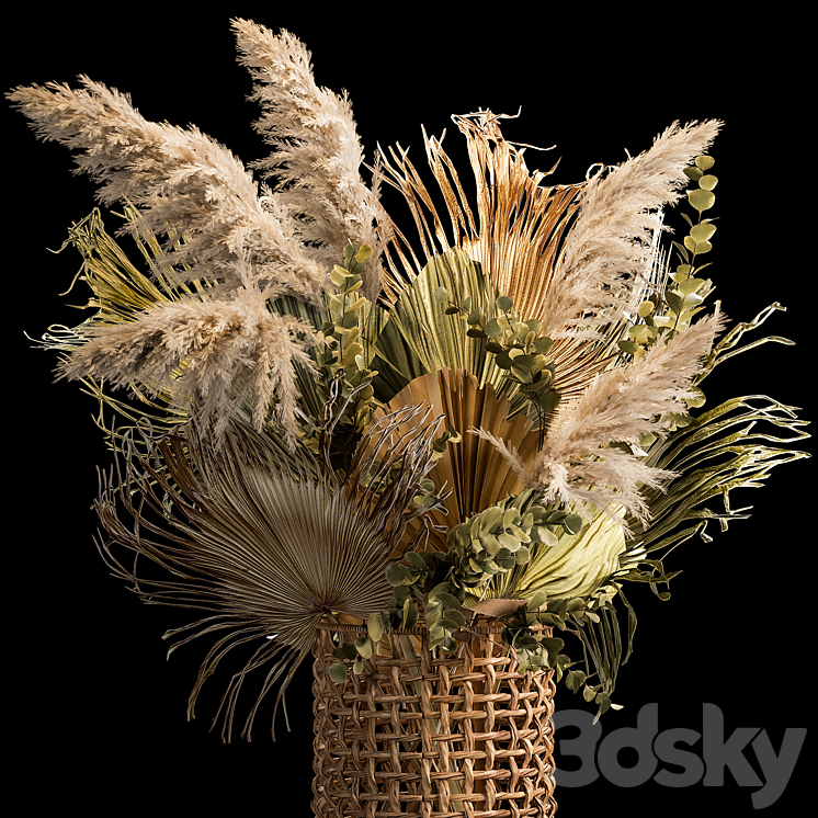 Installation bouquet pampas grass in a wicker basket of twigs dry leaves dried flower. 239. 3DS Max Model - thumbnail 2