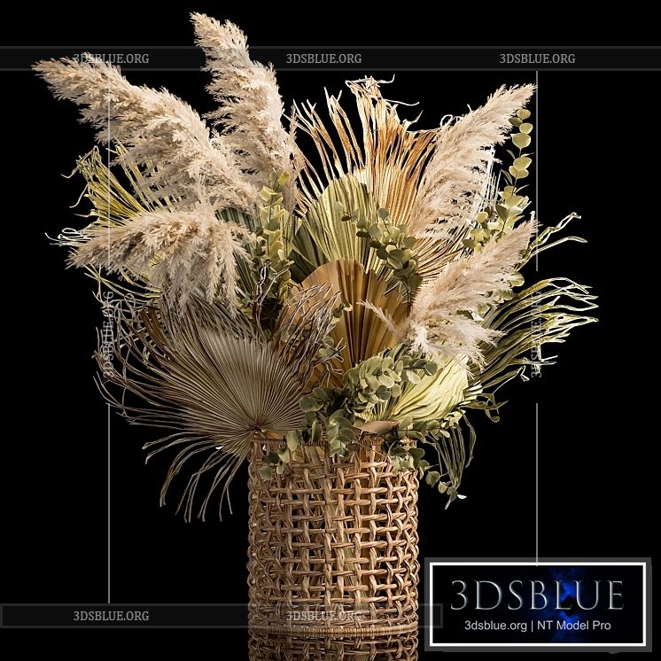 Installation bouquet pampas grass in a wicker basket of twigs dry leaves dried flower. 239. 3DS Max - thumbnail 3