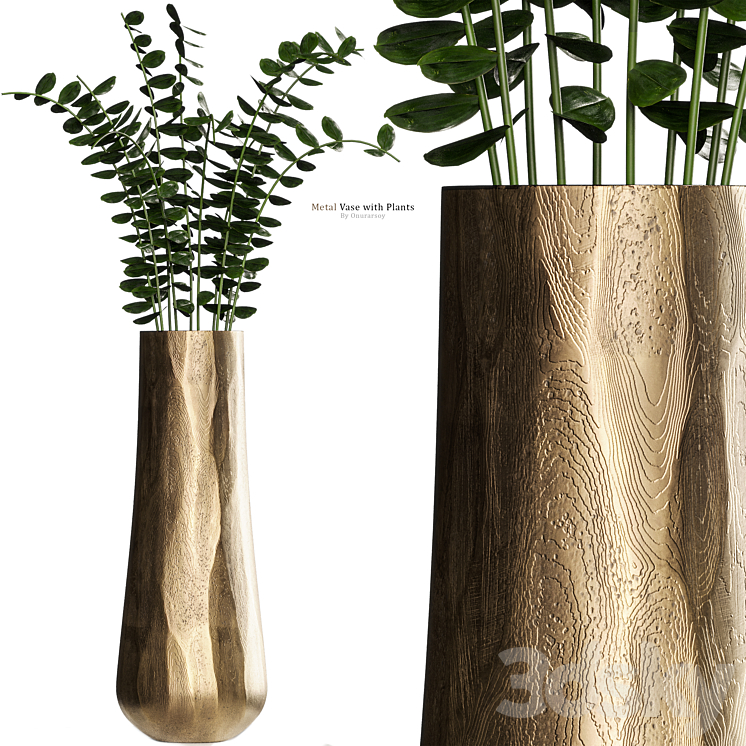 Metal Antiqued Brass Vase with Plant 3DS Max Model - thumbnail 1
