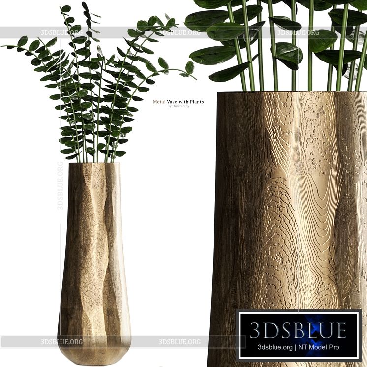 Metal Antiqued Brass Vase with Plant 3DS Max - thumbnail 3