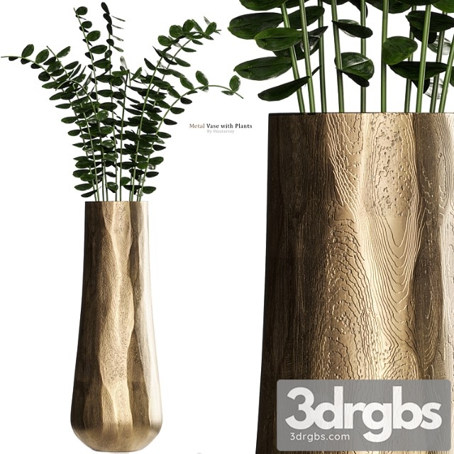 Metal antiqued brass vase with plant - thumbnail 1