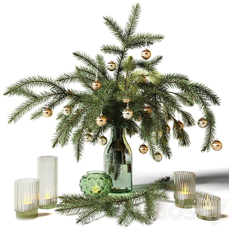 New Year's bouquet of fir branches in a glass vase 3DS Max - thumbnail 1