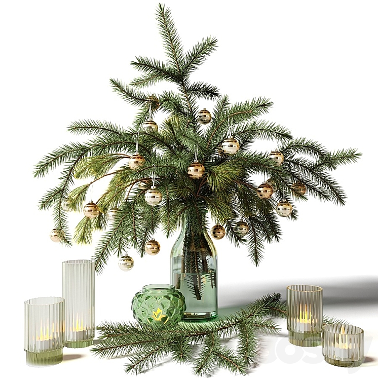 New Year's bouquet of fir branches in a glass vase 3DS Max - thumbnail 2