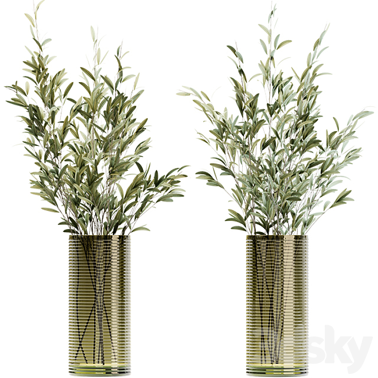 Olive stems in simple glass ribbed vase 3DS Max - thumbnail 1