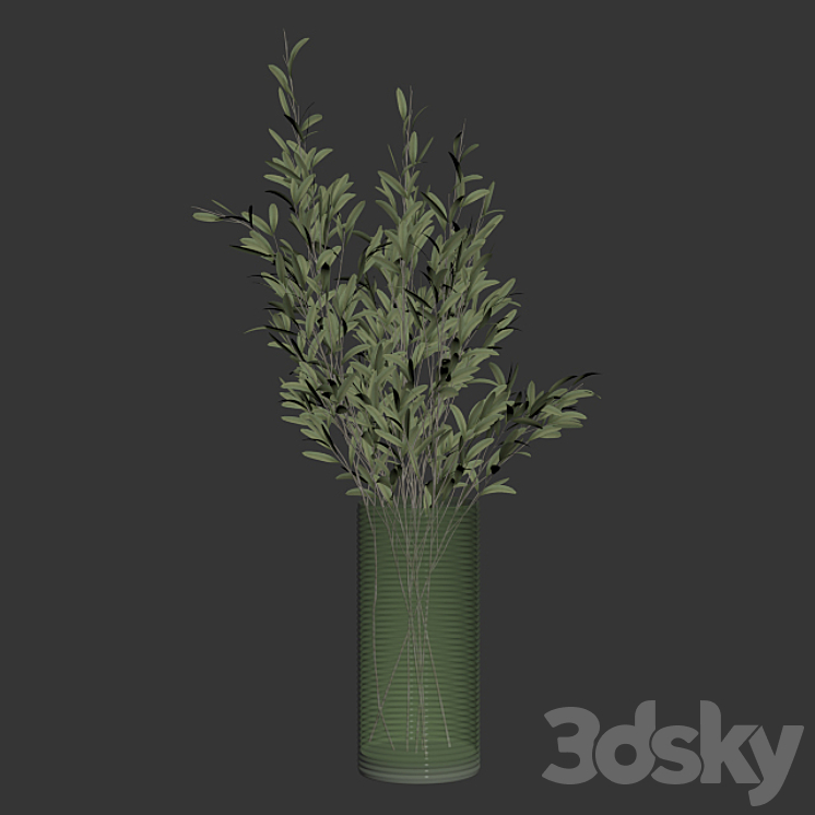 Olive stems in simple glass ribbed vase 3DS Max - thumbnail 2