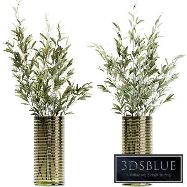 Olive stems in simple glass ribbed vase 3DS Max - thumbnail 3