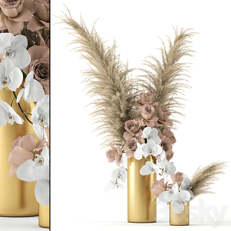 Pale roses and Co in brass vases 3DS Max - thumbnail 1