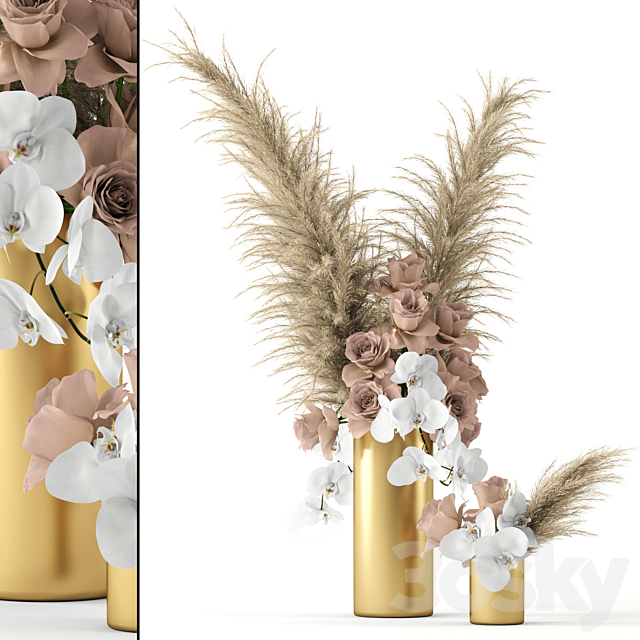 Pale roses and Co in brass vases 3DSMax File - thumbnail 1